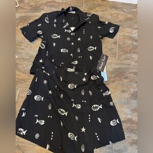 Michael Taylor Black and White Fish Print top and skirt nwt